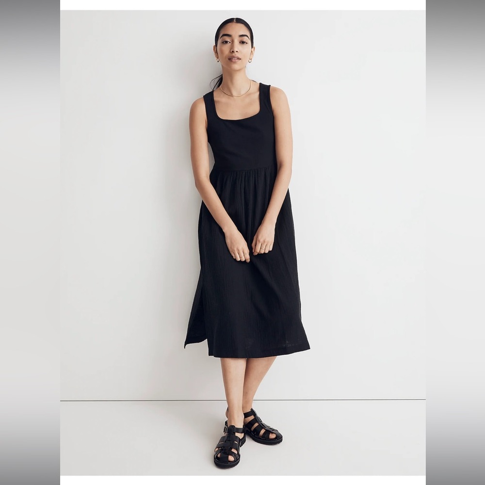 NWT Madewell Black Cotton Knit Tank Midi Dress NK516 Relaxed Sleeveless‎